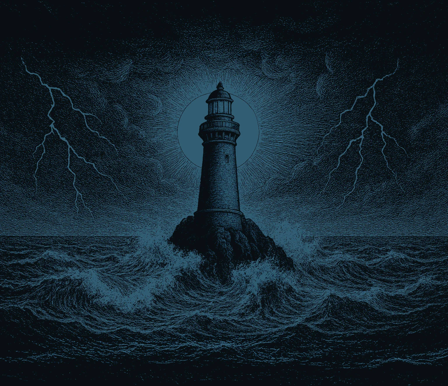 Faro iluminando el mar durante una tormenta